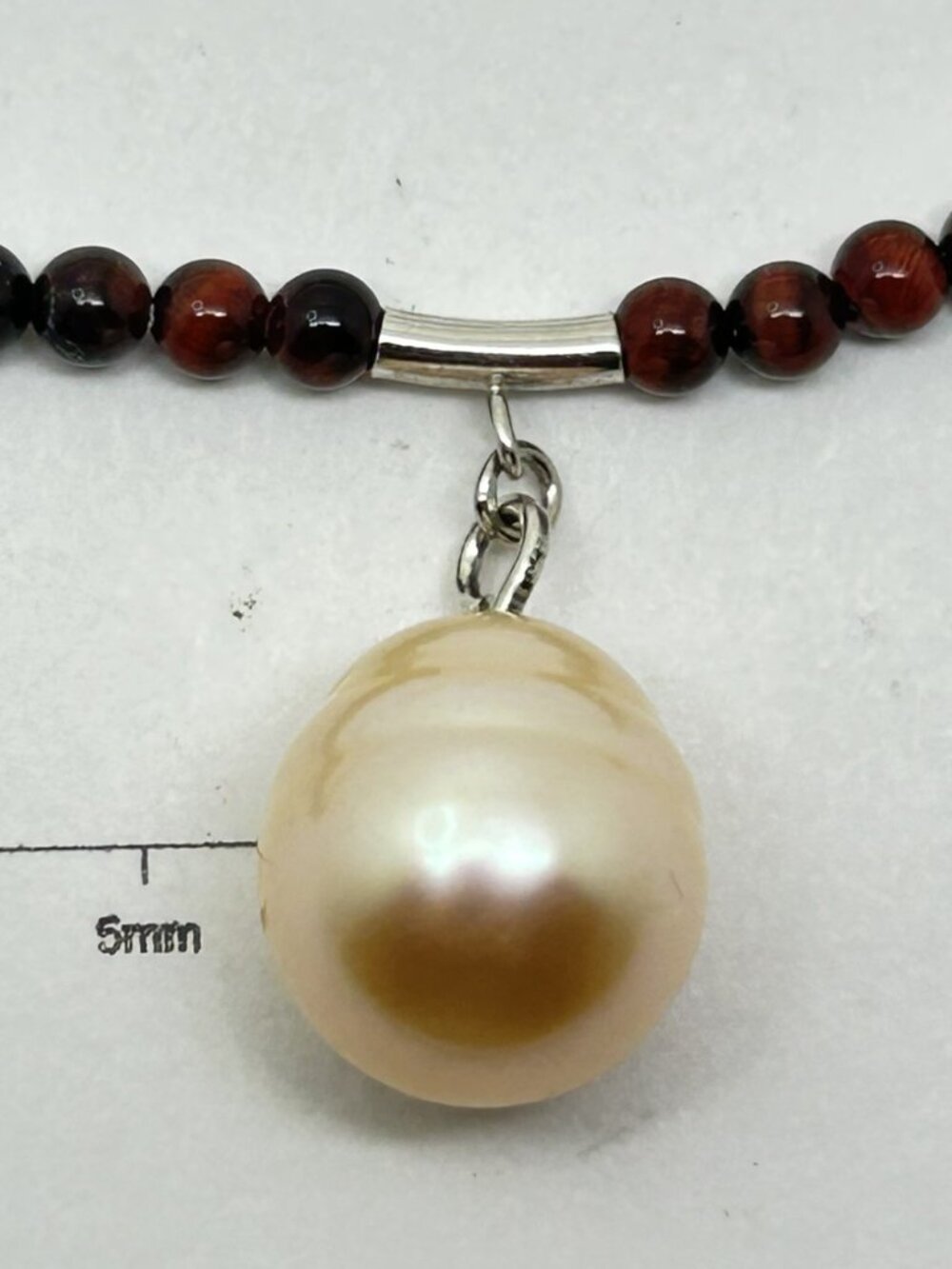 Burnt Red Tiger-Eye Gemstone Beads and Freshwater Pearl Necklace.